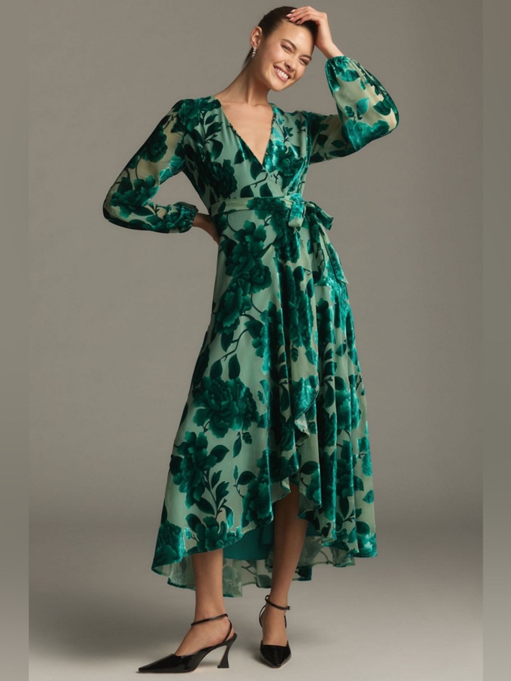 NWT Hutch Anthropologie Velvet Burnout Wrap Midi Dress Emerald Green Size Medium